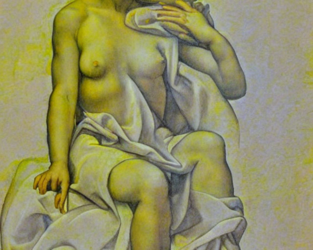 Classic Painting of Woman and Child Embracing on Yellow Background