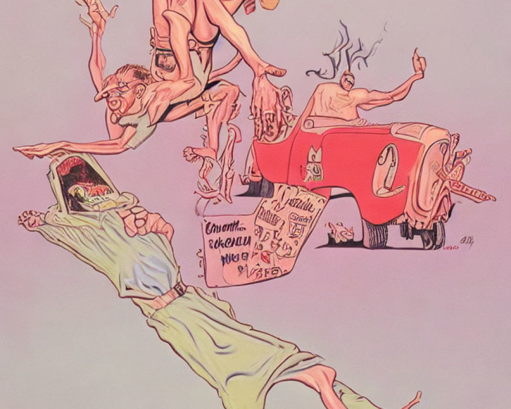 Colorful Surreal Drawing with Distorted Figures and Vintage Car