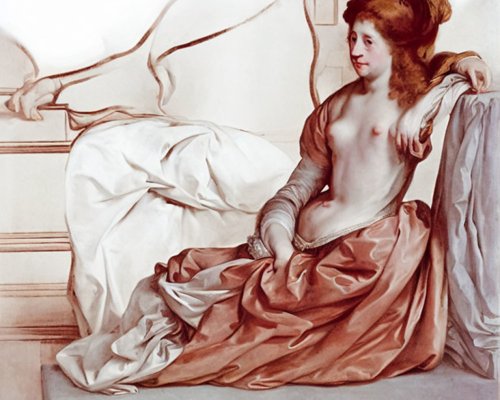 Elegant woman reclining on bench in white and rust-colored fabrics