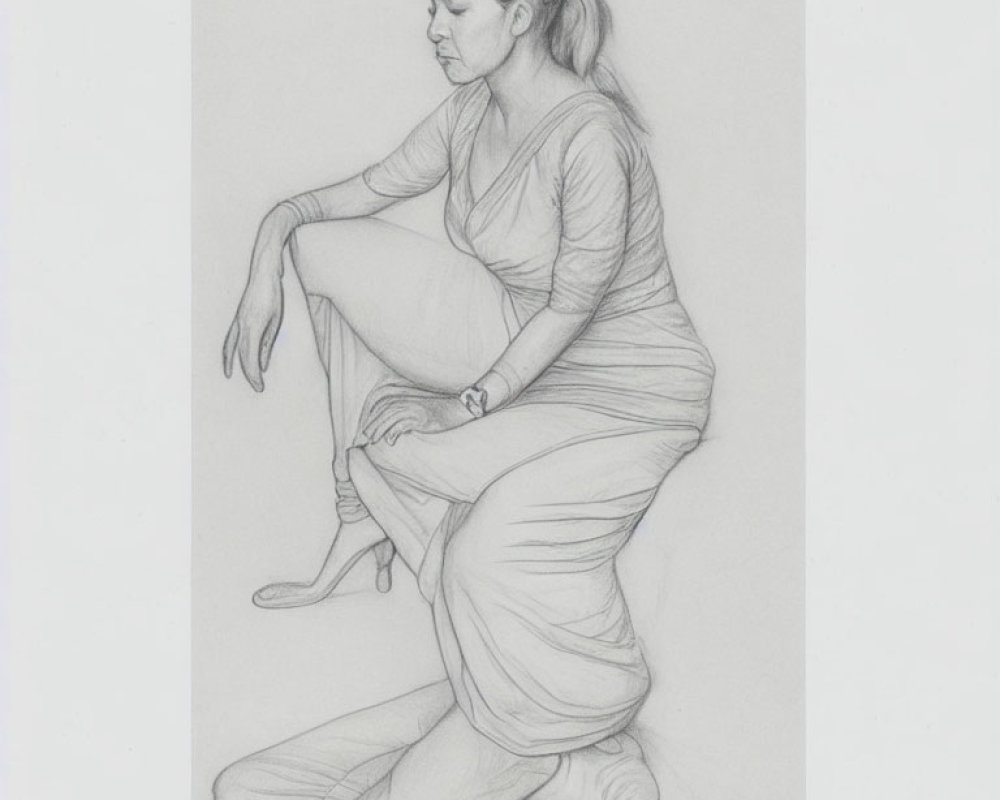 Seated woman in pencil sketch, looking pensive