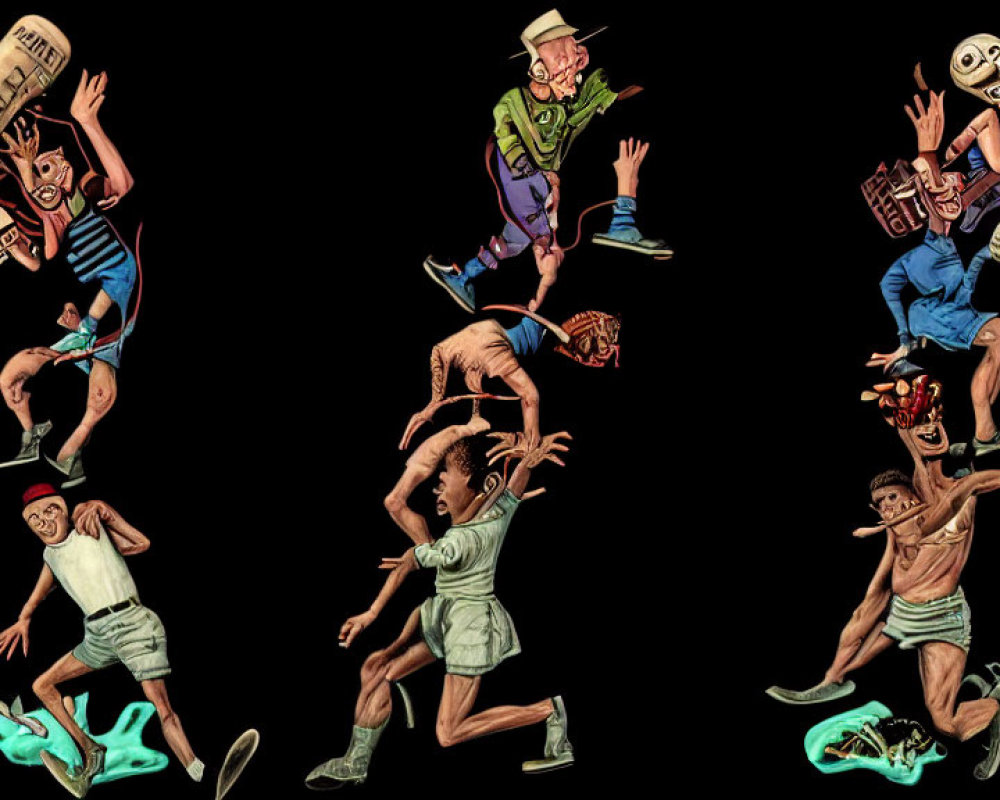 Six dynamic cartoon characters in exaggerated poses with props on black background