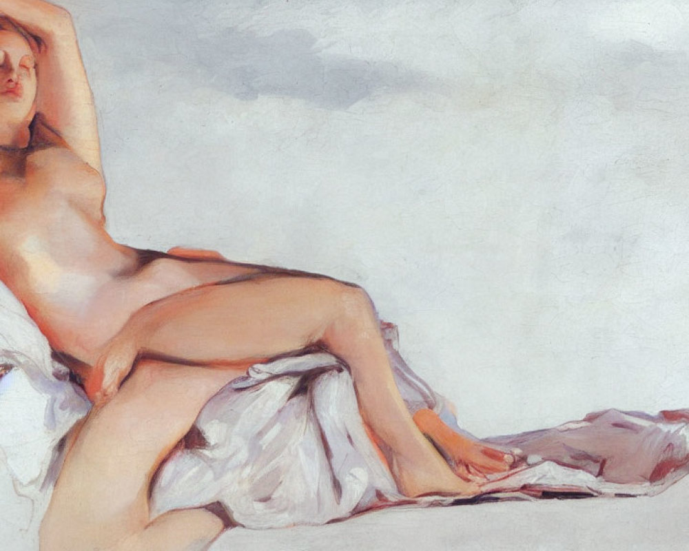 Reclining nude female figure draped in sheer fabric on white backdrop