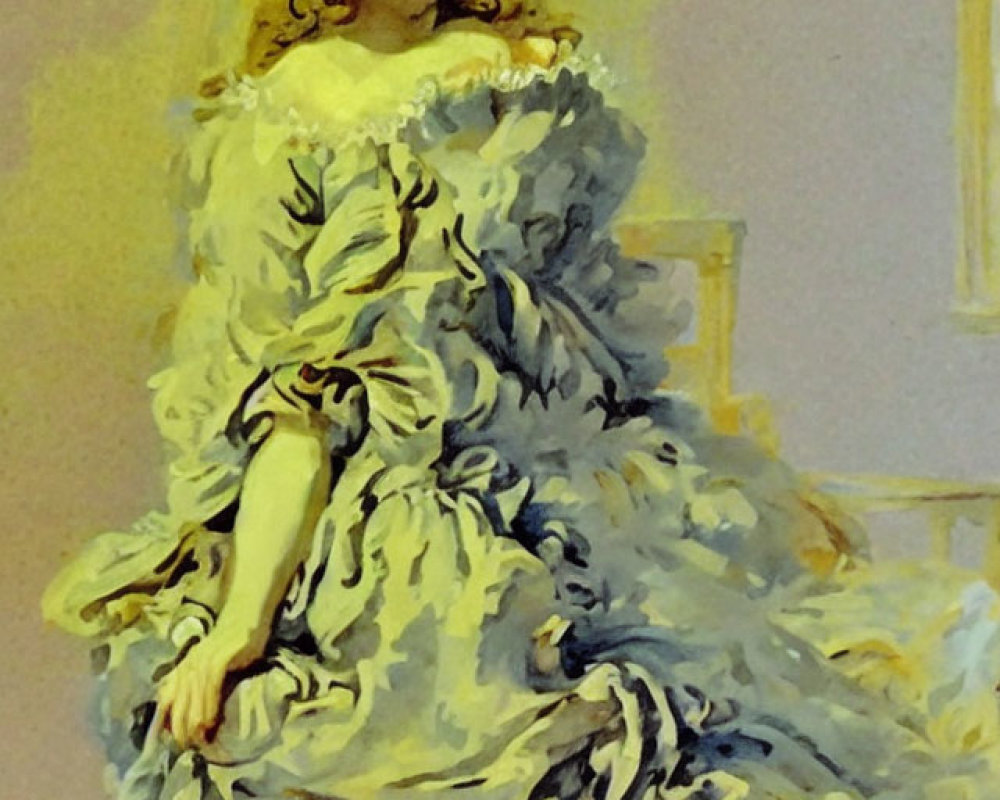 Woman in Ornate Blue Dress with Curly Golden Hair