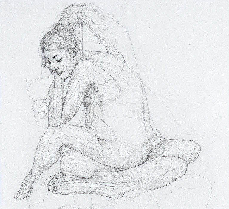 Seated Figure in Contemplative Pose with Sketch Lines