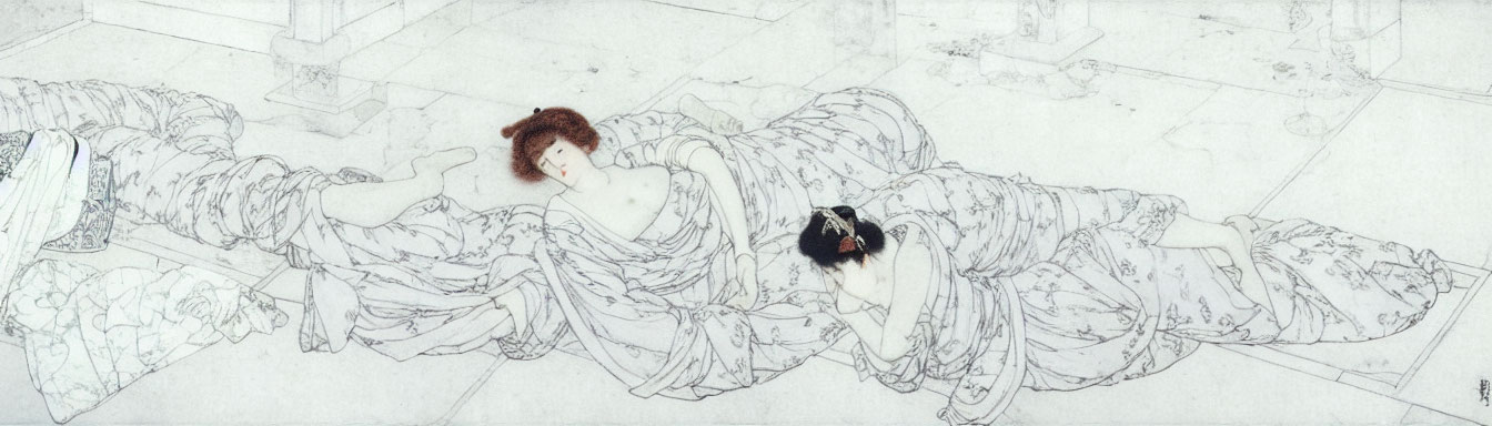 Detailed illustration of woman in elaborate robes with black cat resting on her back