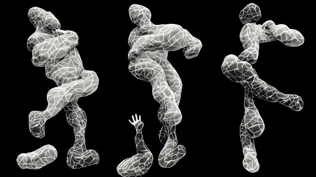 Three dynamic human figure wireframe models on black background