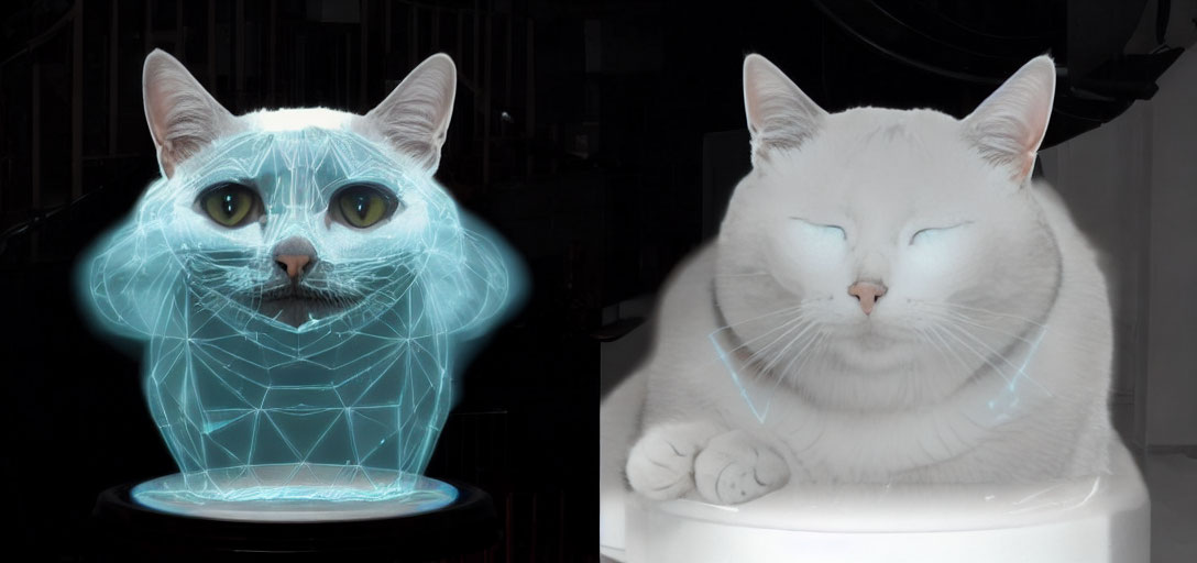 White Cat Appears as Digital Hologram and Real Cat