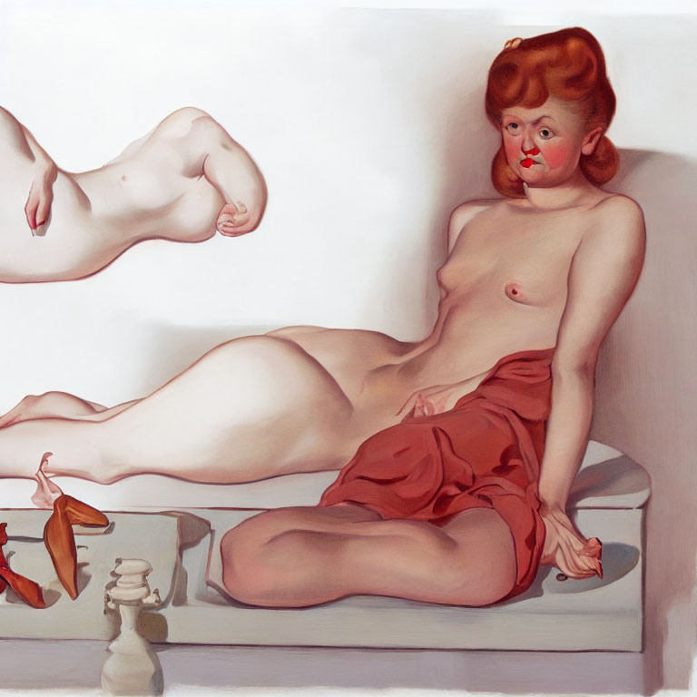 Surreal artwork featuring reclining nude figure with exaggerated red nose and floating chili peppers