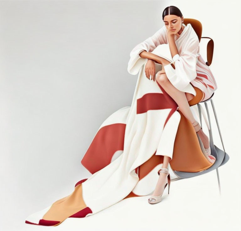 Woman in white and red dress sitting on chair with matching heels