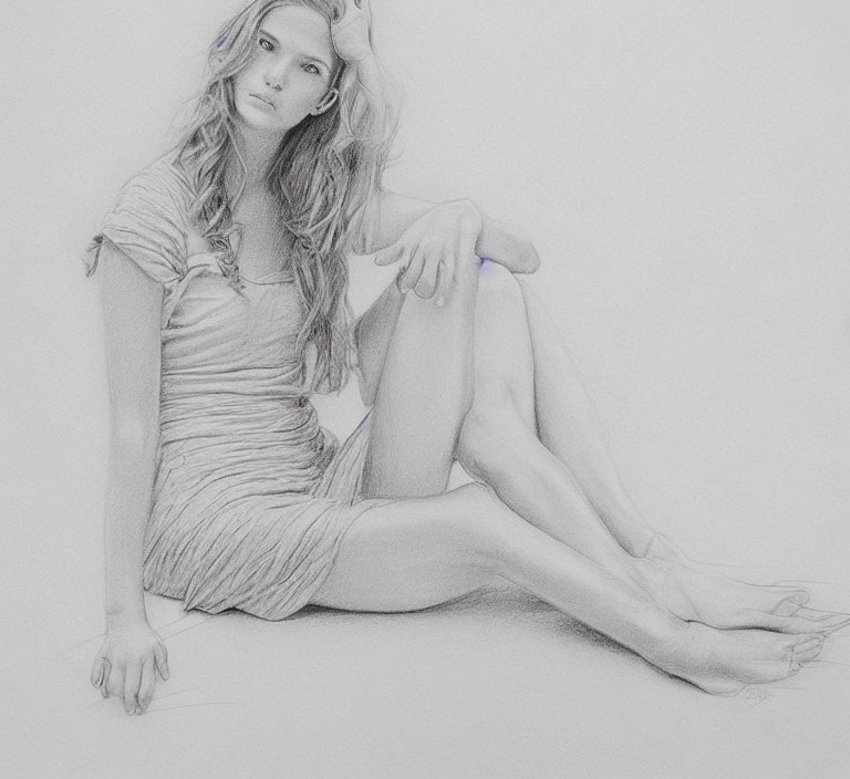 Detailed pencil sketch of woman in short dress, sitting with one knee up and long hair, appearing contempl