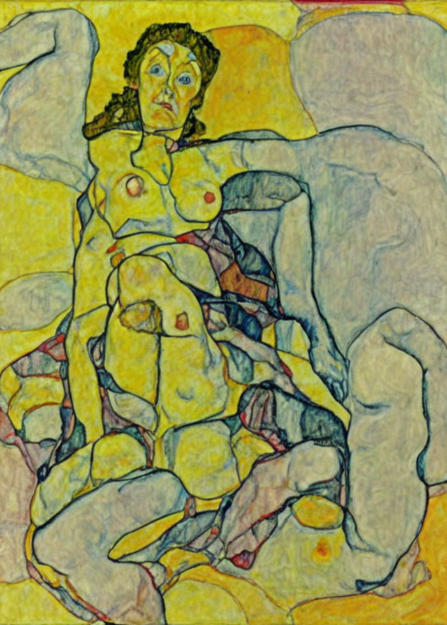 Vibrant artwork of figure with exaggerated posture and startled expression