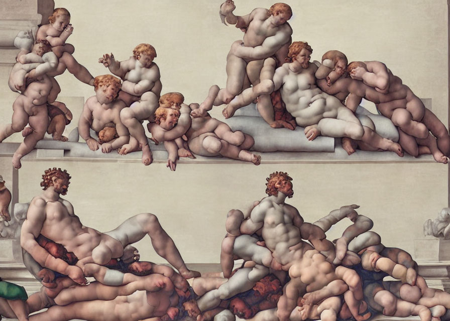 Classical painting featuring cherubic figures and muscular adults in various poses