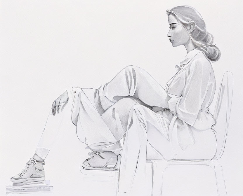 Woman in casual attire sitting on chair, in side profile pencil sketch