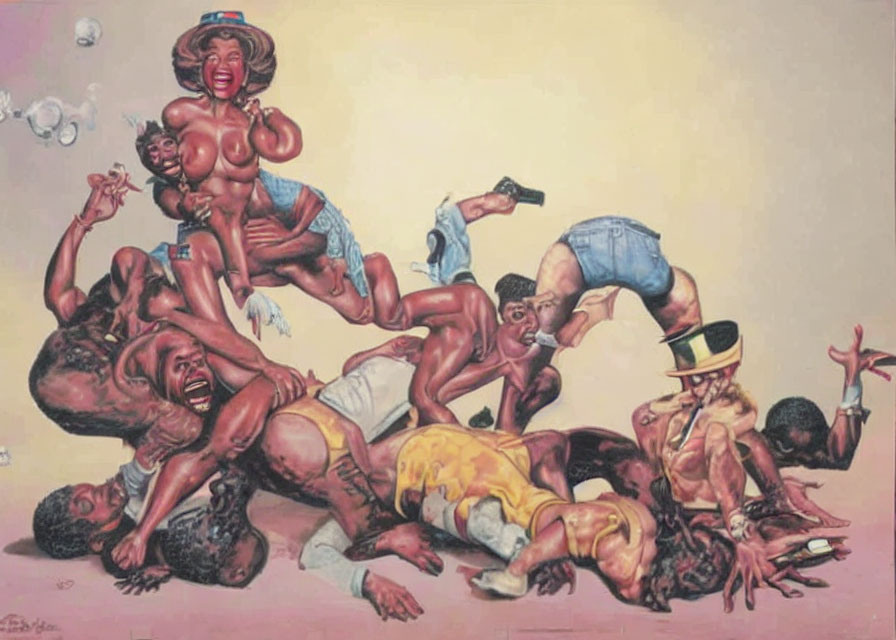 Chaotic surreal painting with distorted figures and weapons