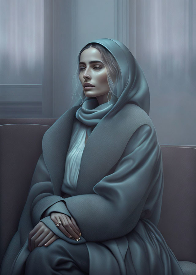 Contemplative woman in blue headscarf and robe on chair against grey background