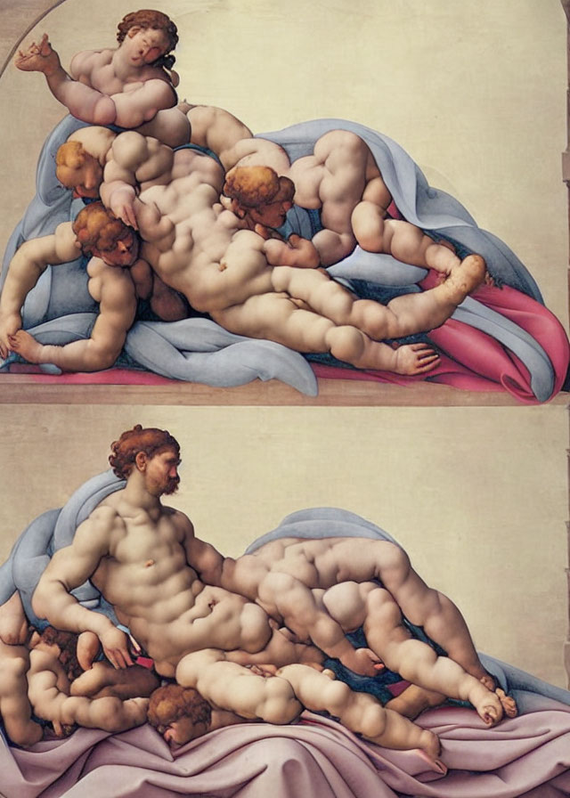 Renaissance painting: Muscular figures draped in blue and pink on clouds