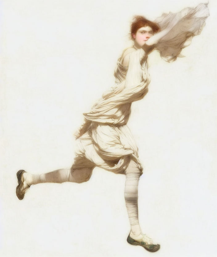 Vintage Illustration of Woman Running in Flowing White Attire