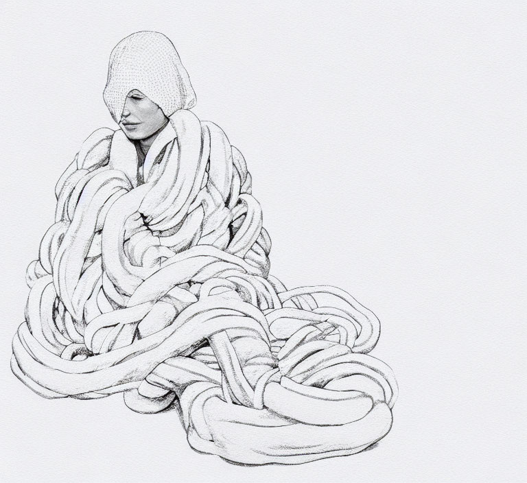 Detailed pencil sketch of person with shrouded face entwined in snake-like ropes.