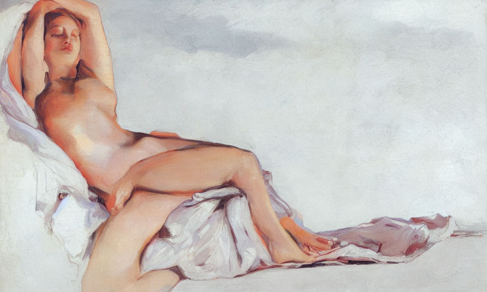 Reclining nude female figure draped in sheer fabric on white backdrop