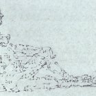 Detailed pencil sketch of reclining woman with hand behind head, gazing sideways.