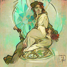 Art Nouveau Woman Illustration in Shell Structure with Stained-Glass Background