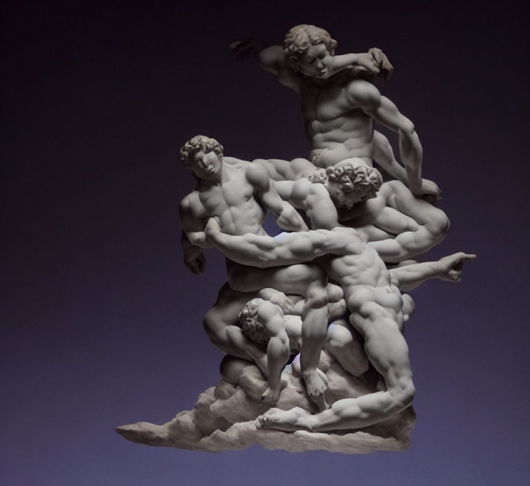 Dynamic sculpture of four muscular figures in intertwined poses