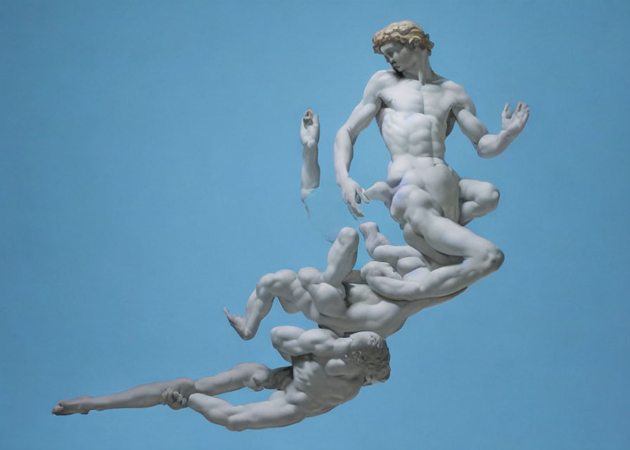 Dynamic Human Figures Sculpture on Blue Background Showing Movement