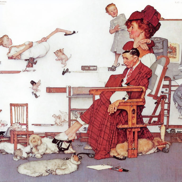 Busy family scene with playful children and pets around father reading.