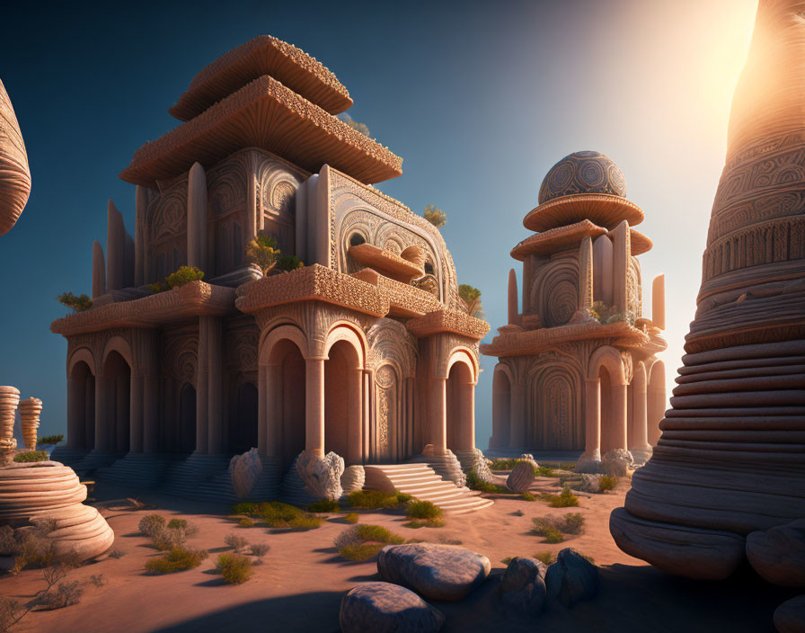 Intricate desert architecture: domed buildings, stone pillars under clear blue sky