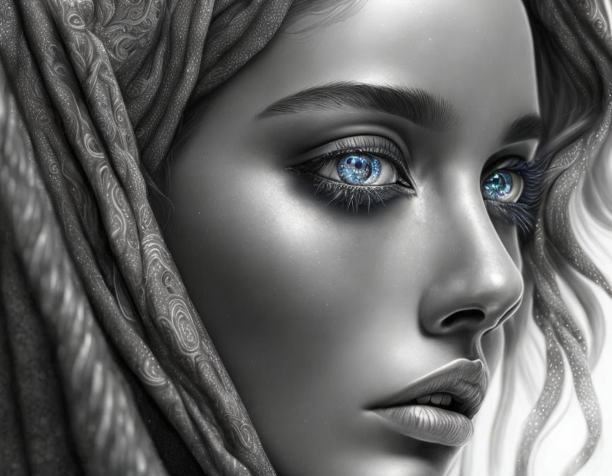 Monochrome illustration of woman with blue eyes and intricate shawl