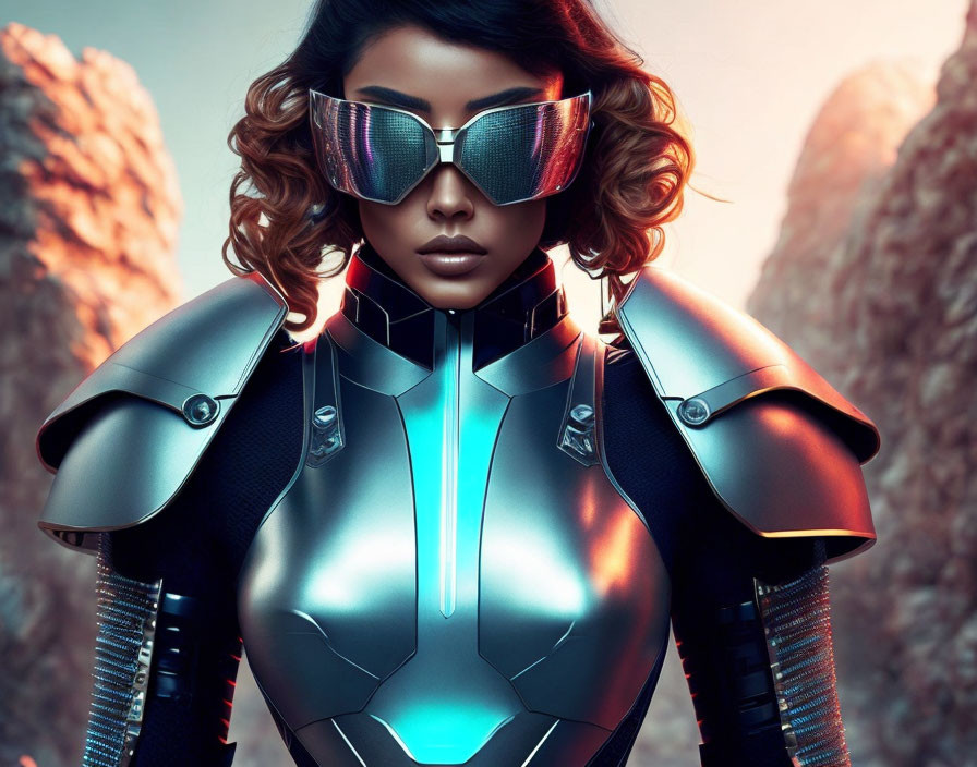 Futuristic woman in sleek armor and reflective sunglasses against rocky backdrop