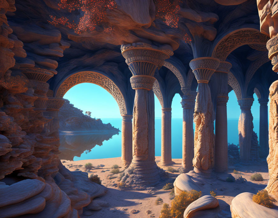 Ancient cave with ornate pillars overlooking calm sea