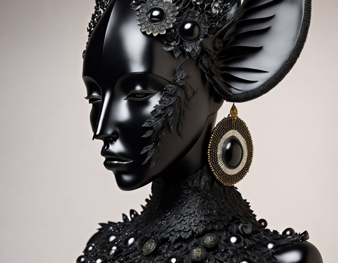 Intricate Black Ornamental Headpiece on Mannequin Head