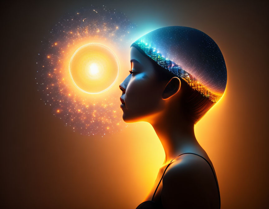 Woman's profile with galaxy brain symbol, dark background.