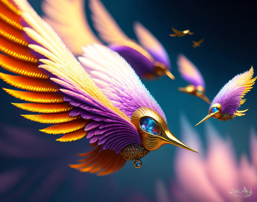 Colorful Digital Artwork of Stylized Birds with Long Feathers