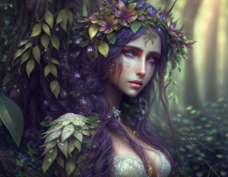 Fantasy portrait of female with violet eyes in floral crown, mystical forest backdrop