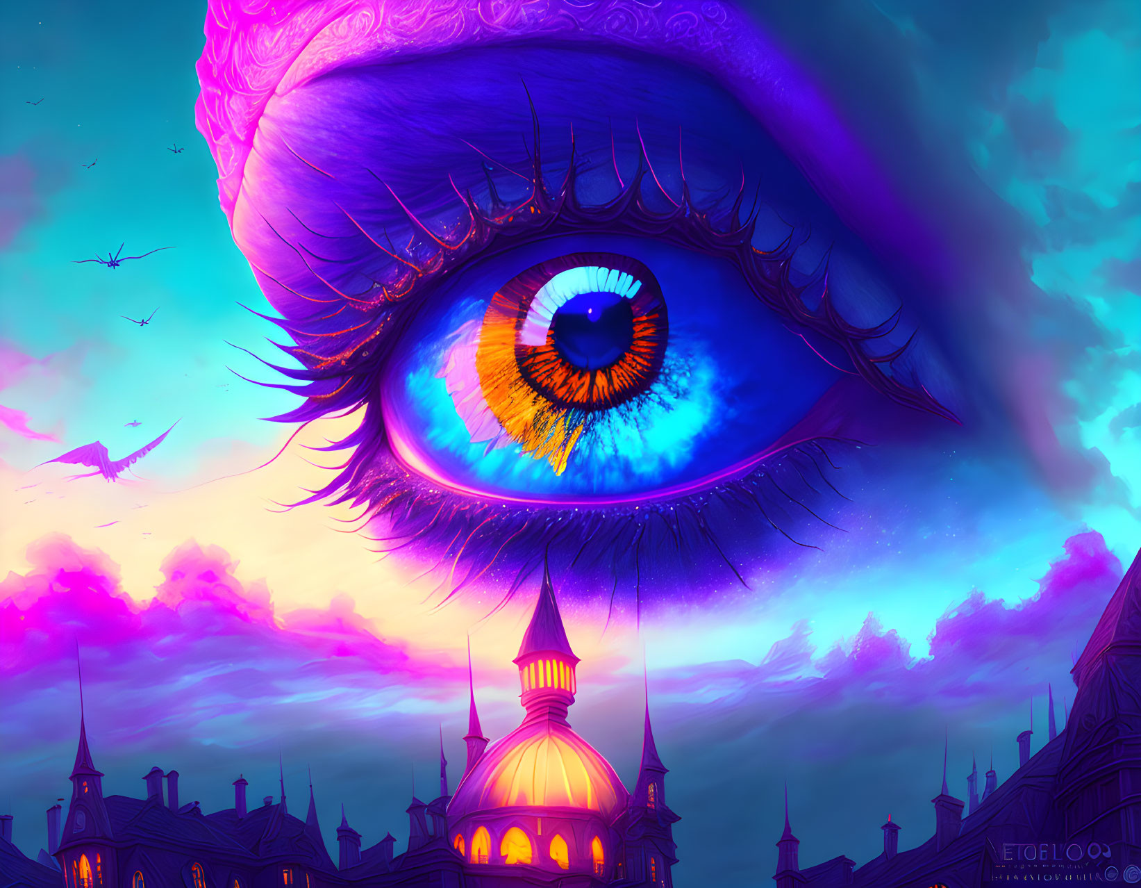 Colossal eye overlooking fantasy cityscape with purple skies