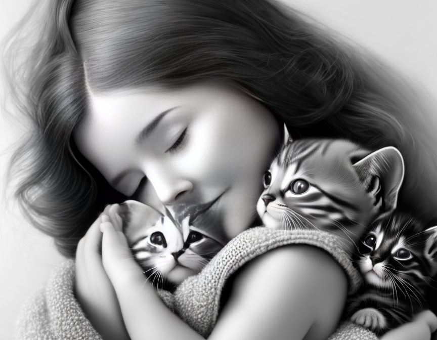 Woman cradles three kittens in heartwarming portrait