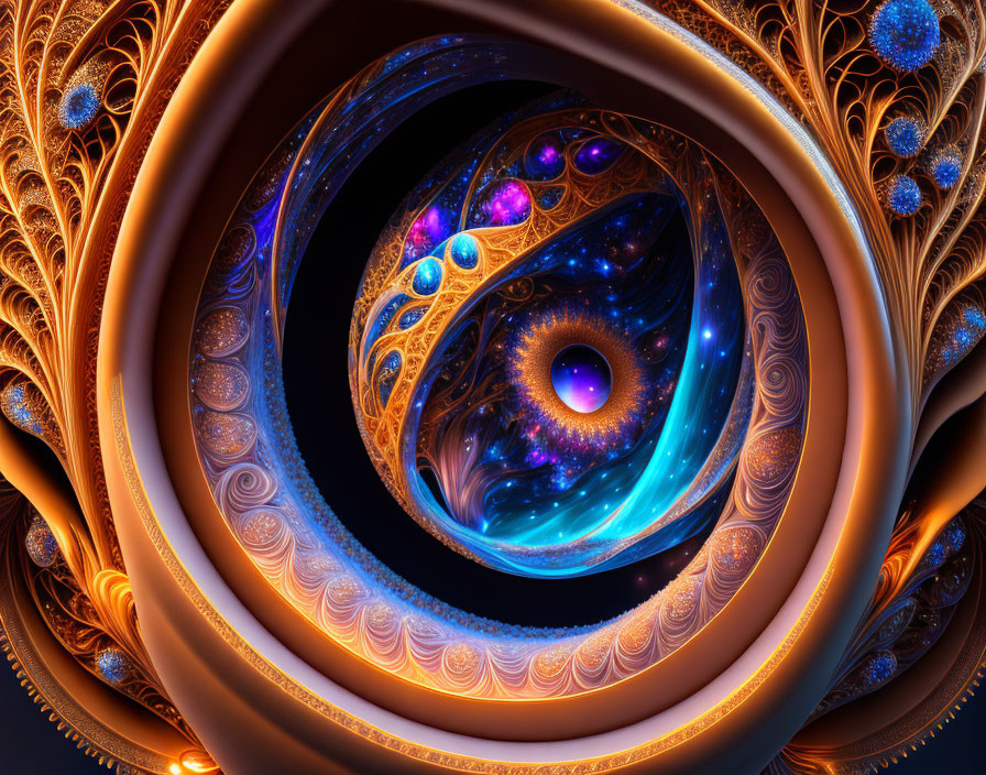 Colorful fractal design with swirling patterns and orbs in blue, purple, and orange.