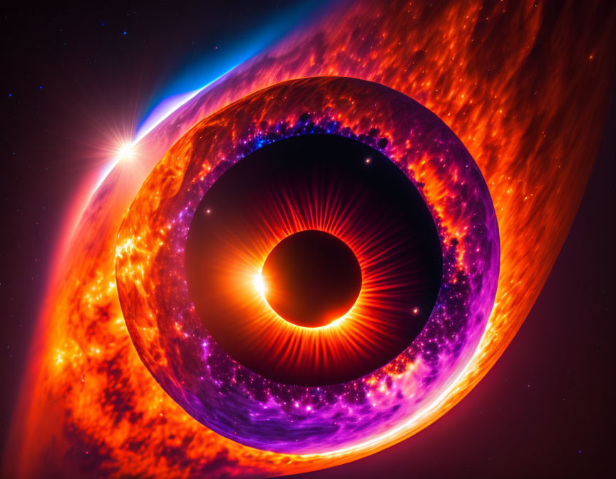 Detailed illustration of black hole event horizon with accretion disk and background star.