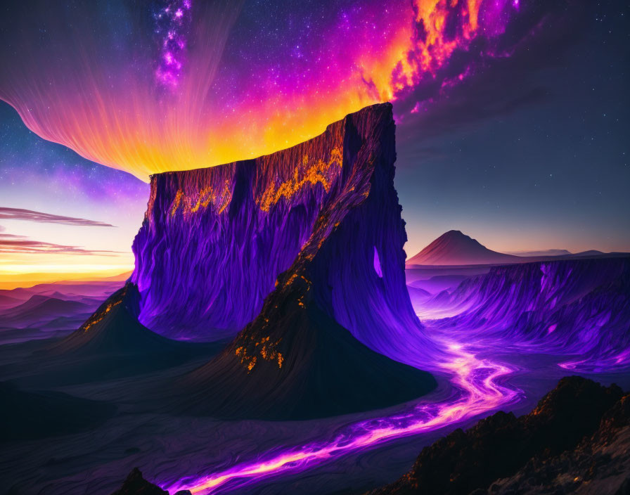 Surreal digital artwork: radiant aurora, luminous river, vibrant mountain