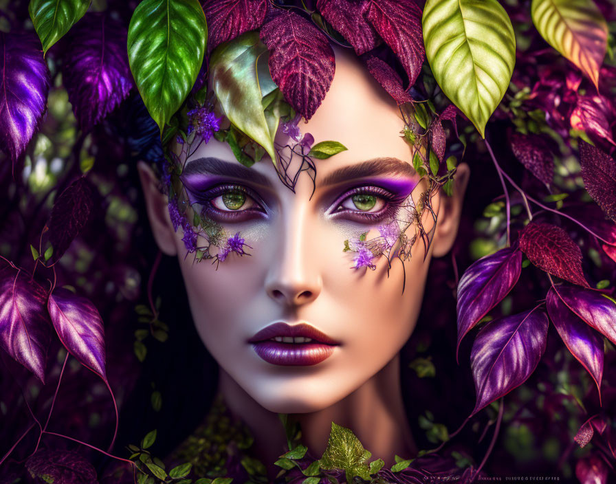 Woman with Green Eyes and Floral Makeup in Nature