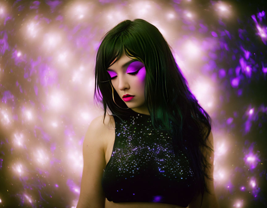 Teal-haired woman in purple eyeshadow on bokeh light background