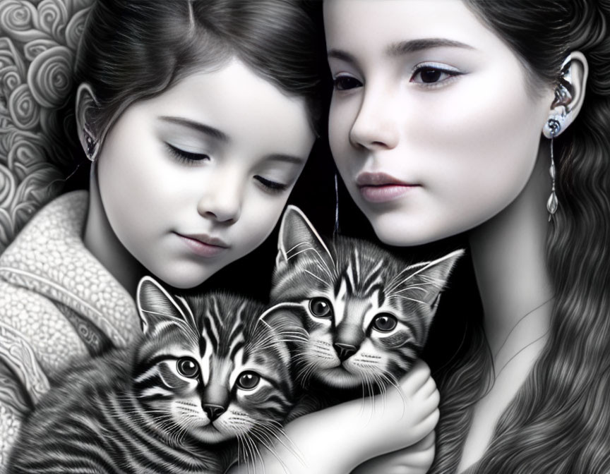 Greyscale illustration of young girl and woman with striped kitten against patterned background