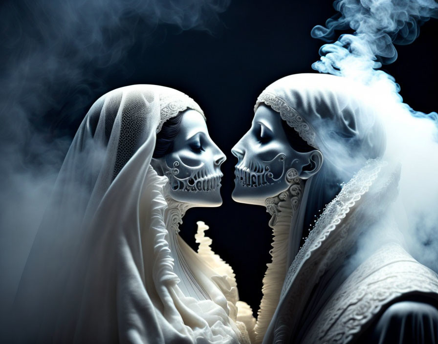 Skull makeup faces in dark background with swirling smoke