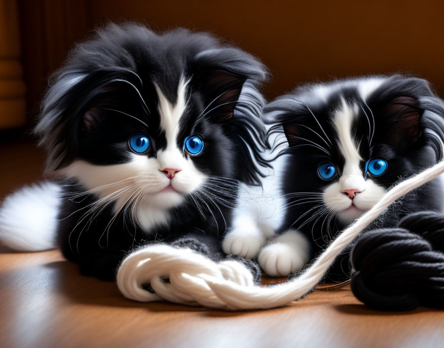 Adorable black and white kittens with blue eyes next to yarn on wood