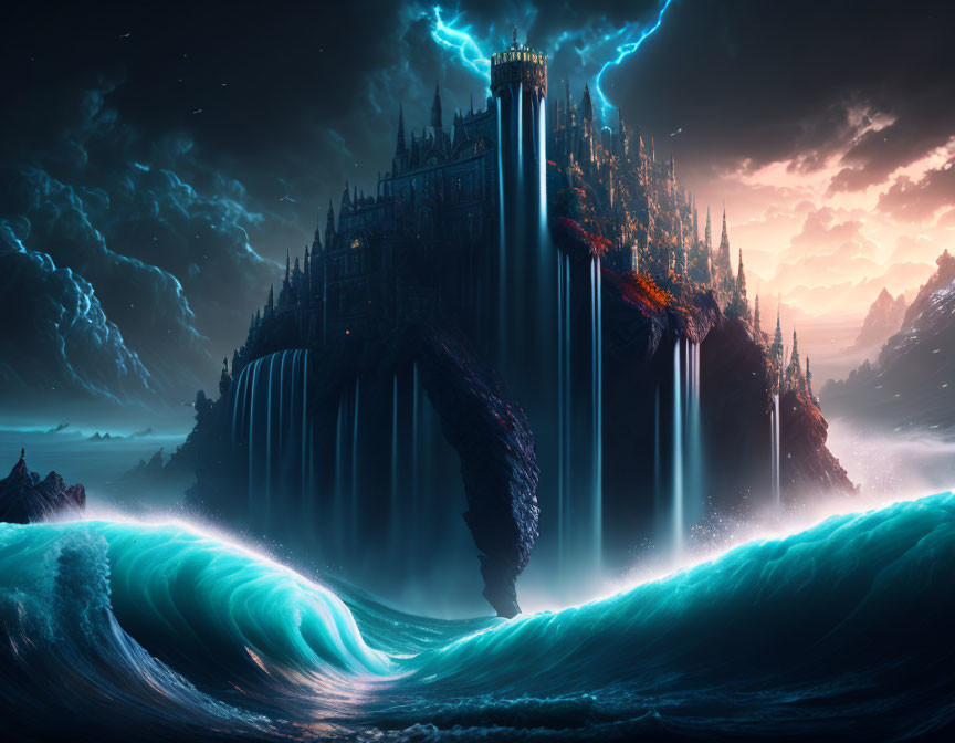 Majestic castle on cliff with waterfalls, lightning, and night sky