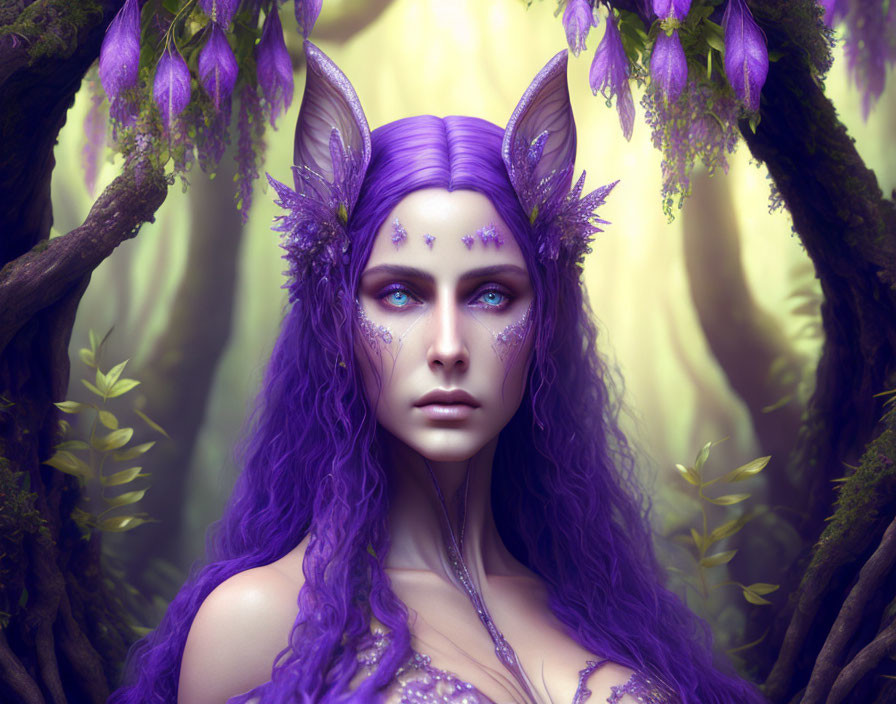 Purple-haired female character with pointed ears in mystical forest.