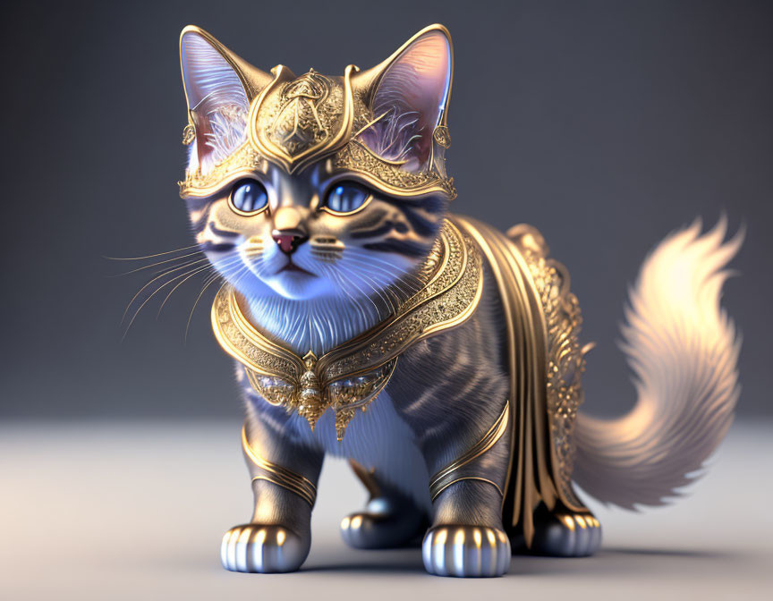 Regal cat in golden armor with mystical symbols