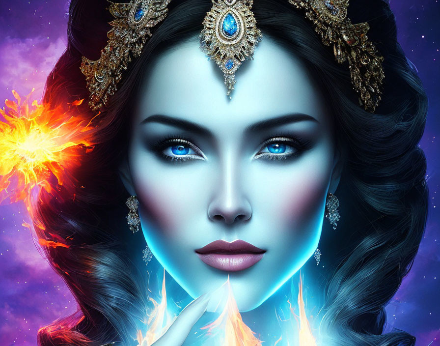 Digital artwork of a woman with blue eyes and dark hair wearing an opulent headdress, holding a